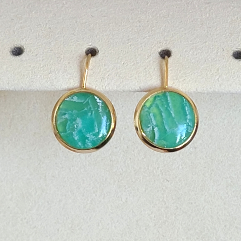 Hand Crafted Boho Gold Green Jade Gemstone Circle Drop Dangle Earrings